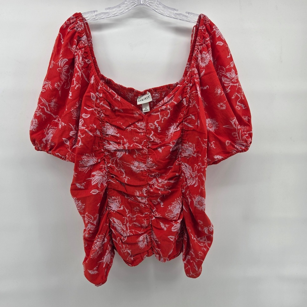 Ava & Viv Top 3X Red Floral Ruched Puff Sleeve Smocked Cute Boho‎ Floral
